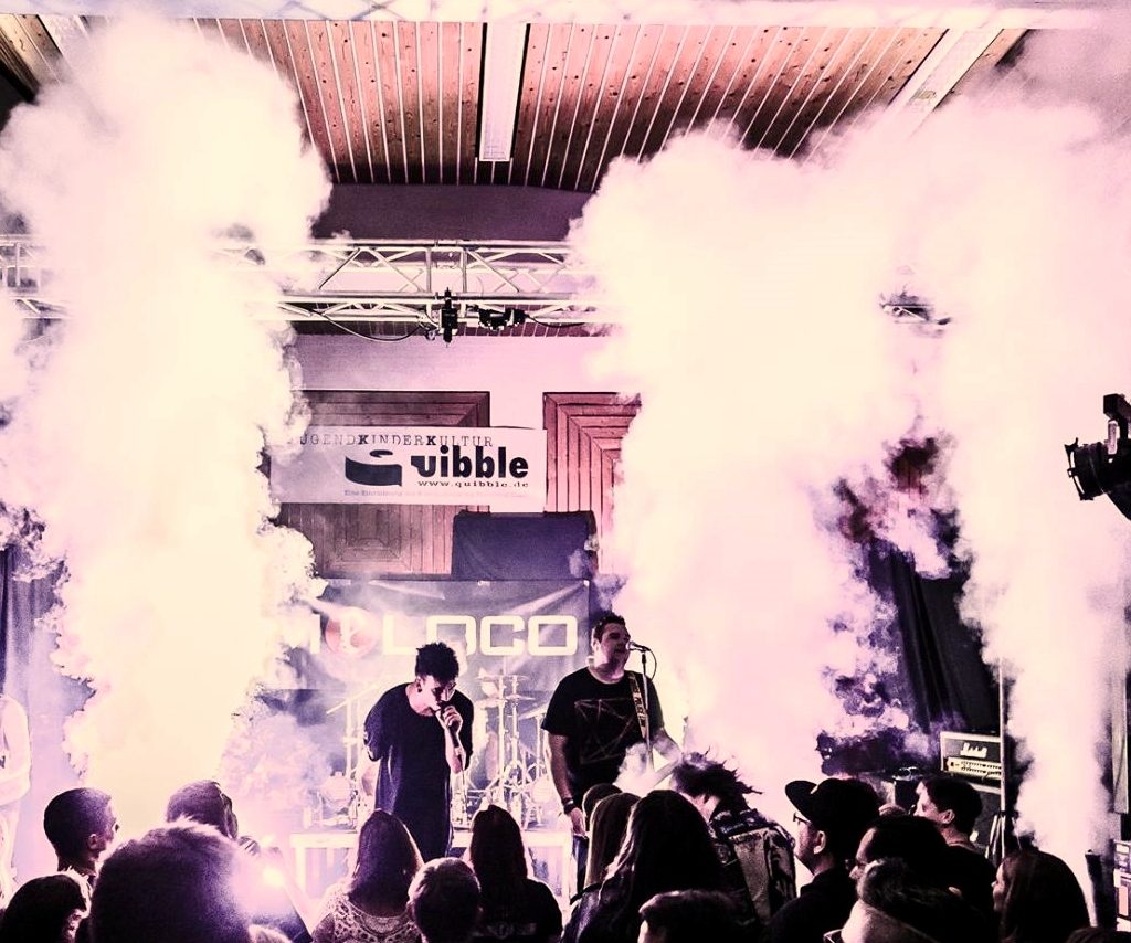 Zwei Musiker auf der Bühne, umgeben von Nebel und einer begeisterten Menge.