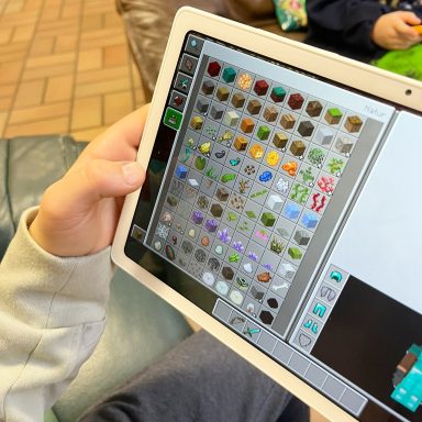Person hält ein Tablet mit einem Bildschirm voller bunter Stein- und Pflanzen-Symbole.